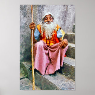 Alter indischer Mann mit Stock Poster