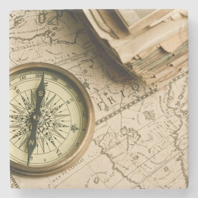 Alter Kompass über alter Karte Steinuntersetzer (Vorderseite)