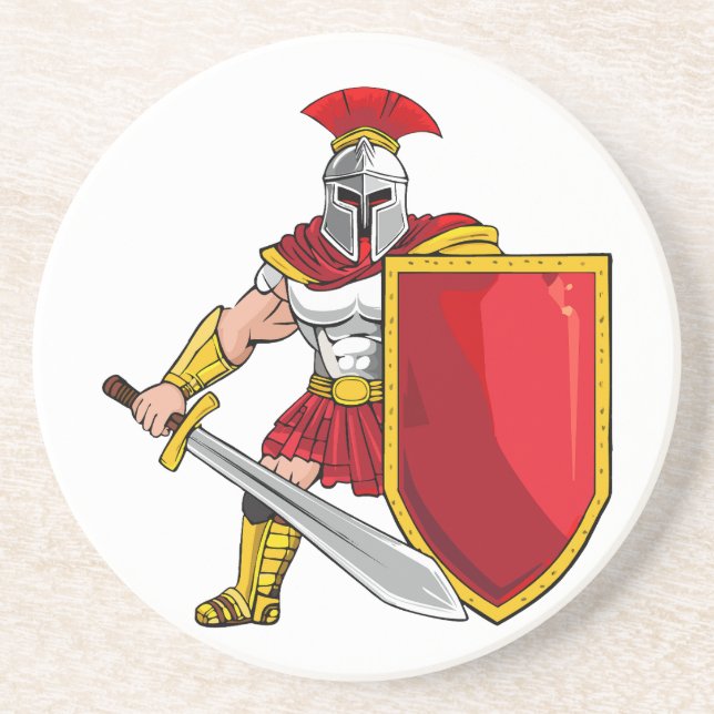 Alter Krieger mit Schwert und Schild in Helm an Getränkeuntersetzer (Vorne)