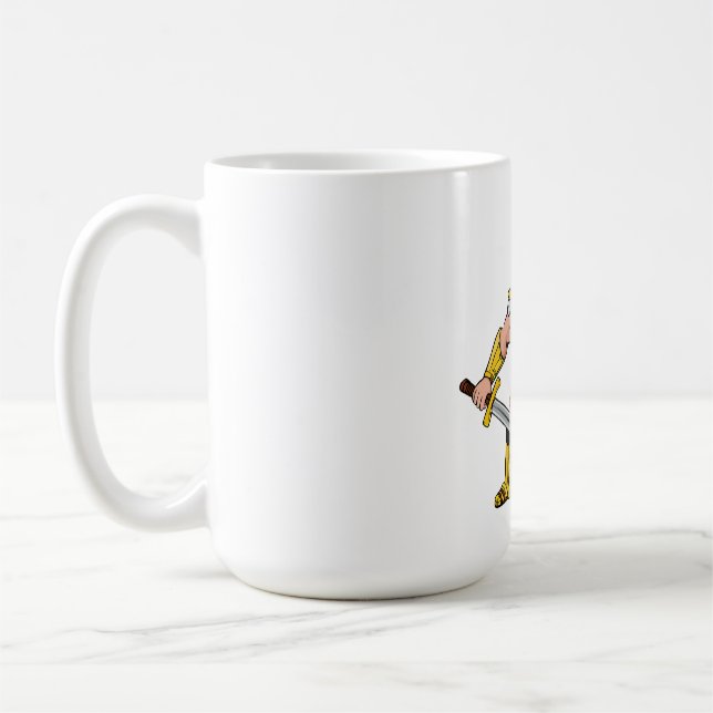 Alter Krieger mit Schwert und Schild in Helm an Kaffeetasse (Links)