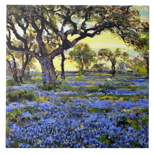 Alter lebender Eichenbaum und Bluebells  Fliese (Vorderseite)