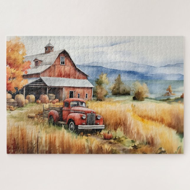 Alter Lieferwagen LKW und Roter Stall im Herbst 20 Puzzle (Horizontal)