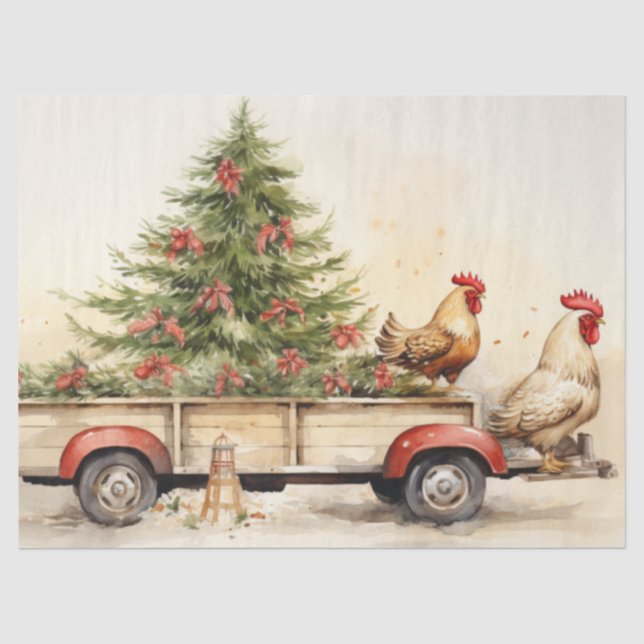 Alter LKW-Anhänger mit Winter Pine Tree & Chickens Seidenpapier (Vorderseite)