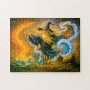Alter Magier, der die vier Elemente im Öl beherrsc Puzzle