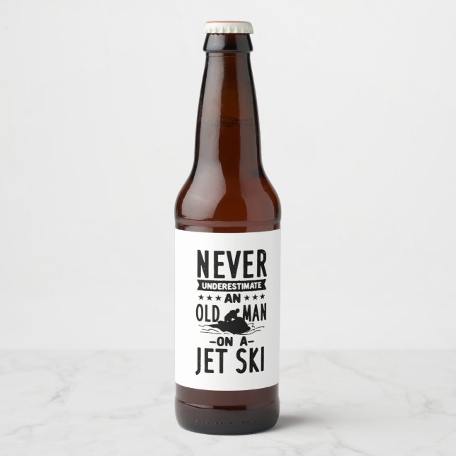 Alter Mann auf Jet Ski Bierflaschenetikett (Vorderseite)