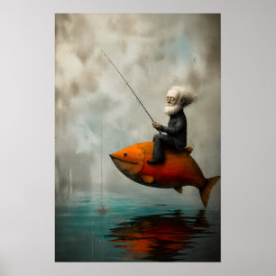 Alter Mann fischt auf einem schwimmenden roten Fis Poster