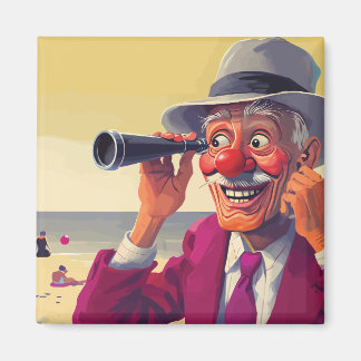Alter Mann mit Spyglass am Strand, Funny Magnet