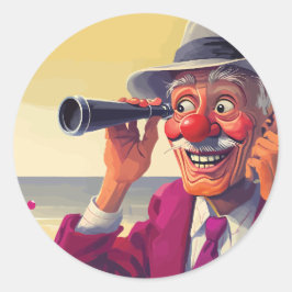 Alter Mann mit Spyglass am Strand, Funny Runder Aufkleber