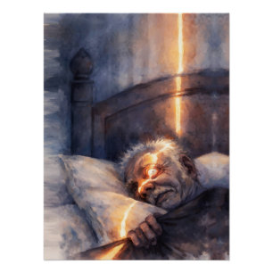 Alter Mann Schlaflose Nacht Lichtstrahl Durch Fens Poster