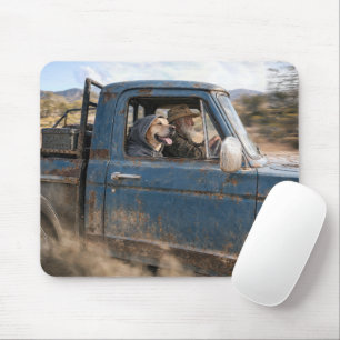 Alter Mann und Labrador Retriever in einem blauen Mousepad