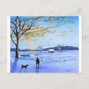 Alter Mann und sein Hund Winterschneegemälde Postkarte