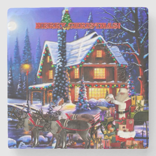 Alter Mann, Weihnachtsmann und Rentier Steinuntersetzer (Vorderseite)
