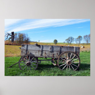 Alter Missouri-Landwirtschaftswagen auf einem Heuf Poster