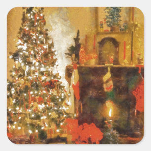 Alter Mode-Weihnachtsbaum und Kamin Quadratischer Aufkleber