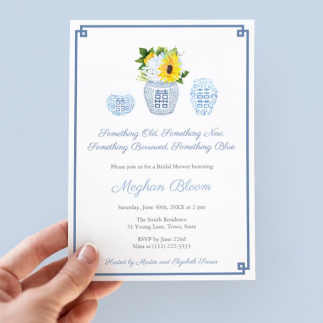 Alter neu geborener blauer klassischer Polterabend Einladung (Something Old New Borrowed Blue Bridal Shower invitation with sunflowers and preppy ginger jars)