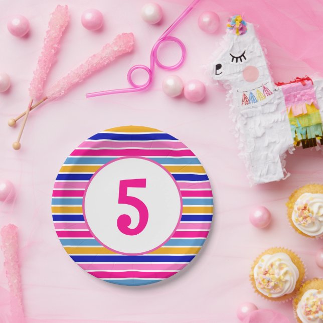 Alter Nummer farbiges Stripmuster Vivid Party Pappteller (Party)