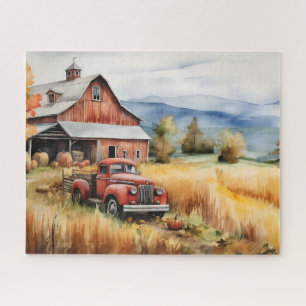 Alter Pickup-Truck und rote Scheune im Herbst 16x2 Puzzle