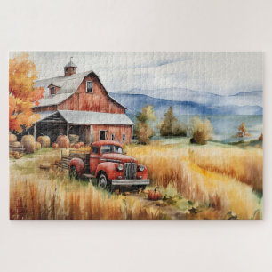 Alter Pickup-Truck und rote Scheune im Herbst 20x3 Puzzle