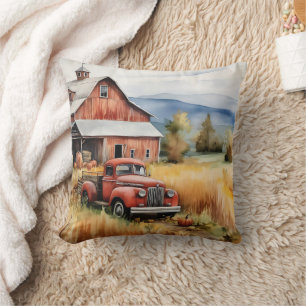 Alter Pickup-Truck und rote Scheune im Herbst Kissen