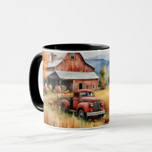 Alter Pickup-Truck und rote Scheune im Herbst Tasse