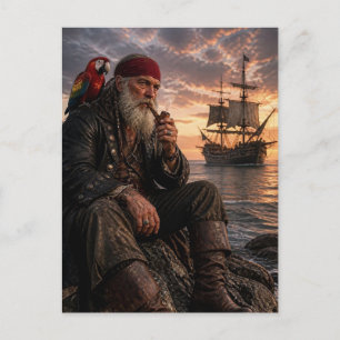 Alter Pirat und Scharlachara am Sonnenuntergang Postkarte