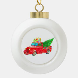 Alter roter LKW mit Geschenken und Weihnachtsbaum Keramik Kugel-Ornament