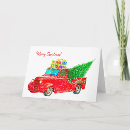 Alter roter LKW mit Weihnachtsbaum und Geschenken Feiertagskarte