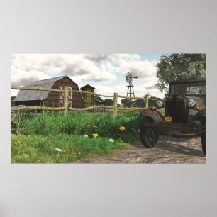 Alter roter Stall und rostender LKW Poster