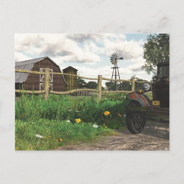 Alter roter Stall und stürmischer LKW Postkarte (Vorderseite)