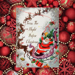 Alter roter Vintage-Weihnachtsmann fliegt mit Rent Karte