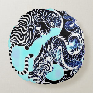 Alter Samurai-Drache-Tiger Yin Yang Rundes Kissen
