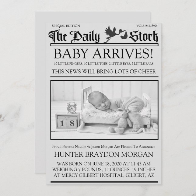 Alter Schwarz & Weiß-Newsletter Geburtsankündigung Einladung (Vorne/Hinten)