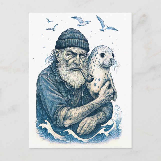 Alter Seemann mit Seehund Postkarte (Vorderseite)