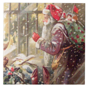 Alter St. Nikolaus mit Geschenken im Schnee Vintag Fliese