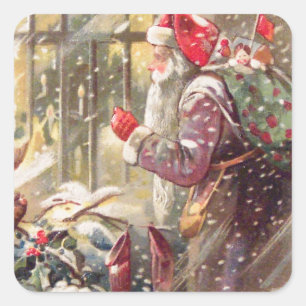 Alter St. Nikolaus mit Geschenken im Schnee Vintag Quadratischer Aufkleber