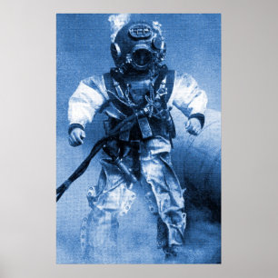 alter Taucher mit Messinghelm blau Poster
