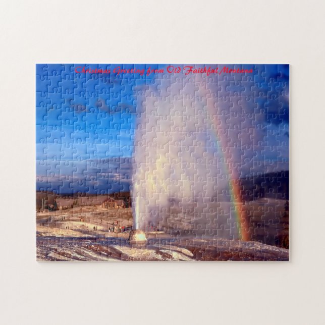Alter treuer Gyser Yellowstone. Weihnachtsgrüßen Puzzle (Horizontal)