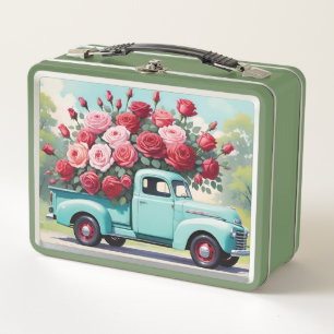 Alter Vintage-Bauernhof-LKW gefüllt mit Rosen Metall Brotdose