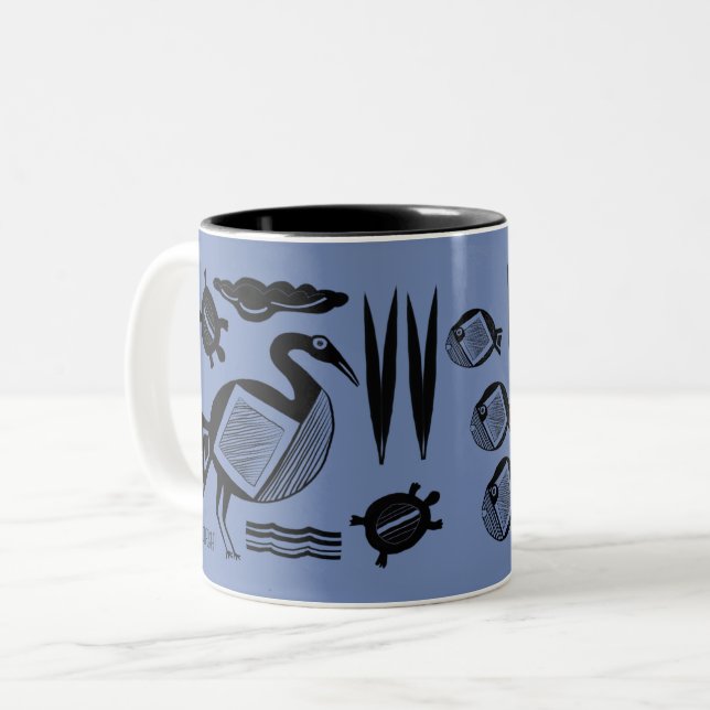 Alter Vogel, Schildkröte, Gras, Wasser blau Zweifarbige Tasse (Vorderseite Links)