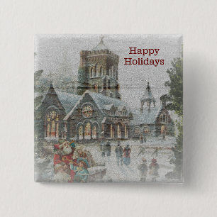 Alter Weihnachtsmann mit Kindern vor einer Kirche Button