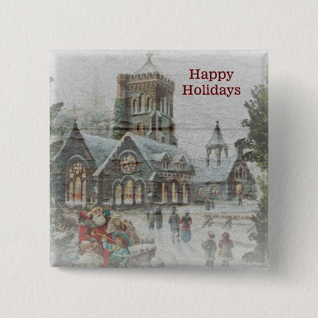 Alter Weihnachtsmann mit Kindern vor einer Kirche  Button (Vorderseite)