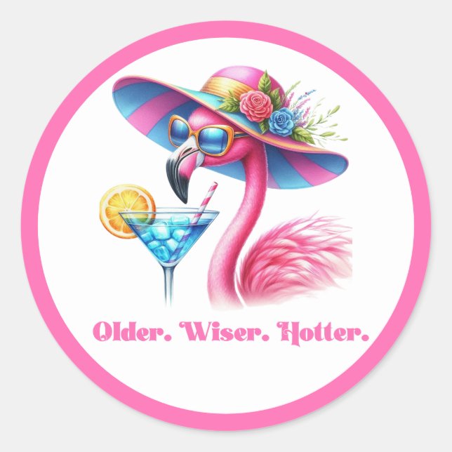Älter Weiser Heißerer Hellrosa Flamingo Geburtstag Runder Aufkleber (Vorderseite)