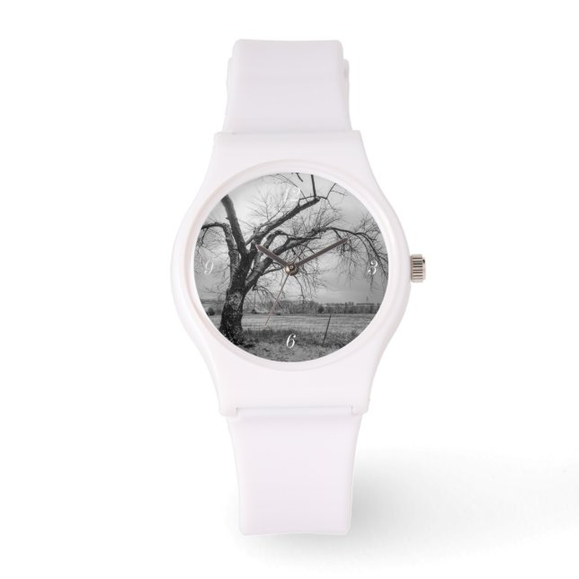 Alter Winterbaum Graustufen Weiße Uhr (Vorderseite)