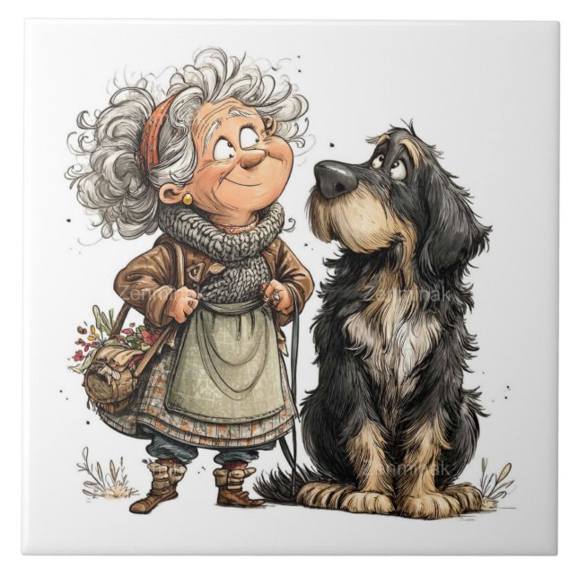 Ältere Dame mit Hund Fliese (Vorderseite)