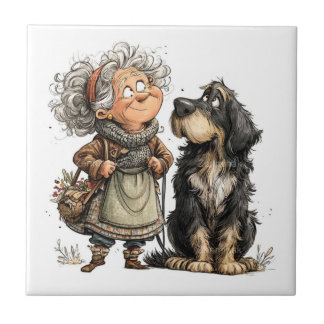 Ältere Dame mit Hund Fliese