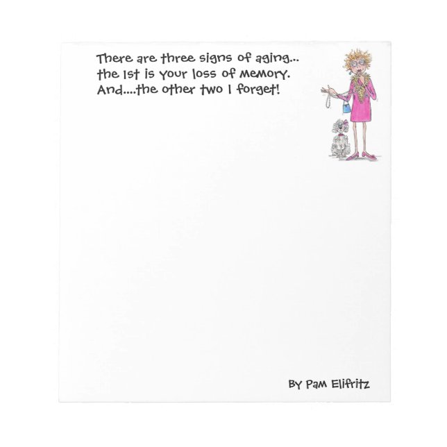 Ältere Frau lacht über Anzeichen des Alterns Notizblock (Vorderseite)
