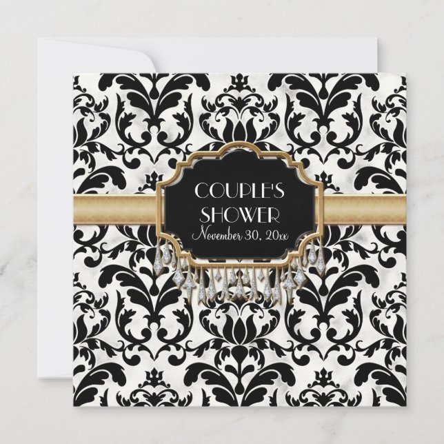 Ältere gestresste Damaske Golden Bling Look Hochze Einladung (Vorderseite)