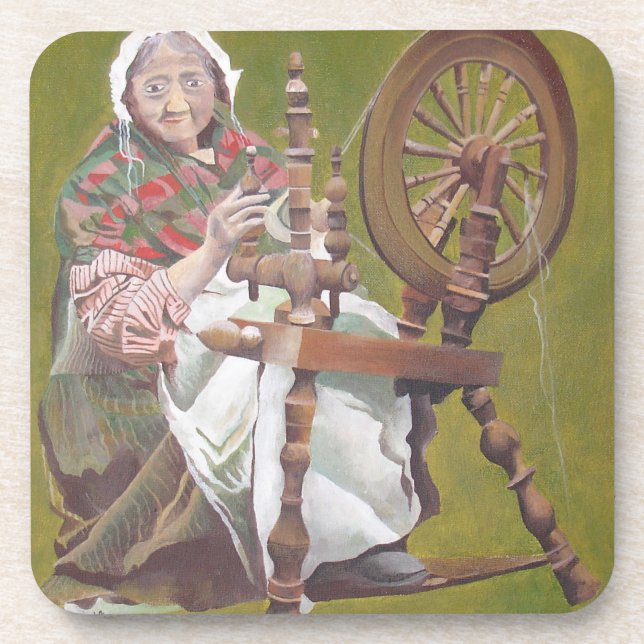 Ältere irische Frauenkraftlerin an einem Spinnrad Getränkeuntersetzer (Vorderseite)