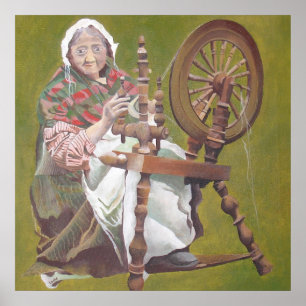 Ältere irische Frauenkraftlerin an einem Spinnrad Poster