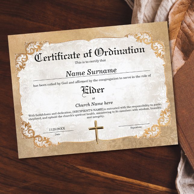 Ältere Kirchenurkunde (CERTIFICATE of ordination with golden frame with swirls)